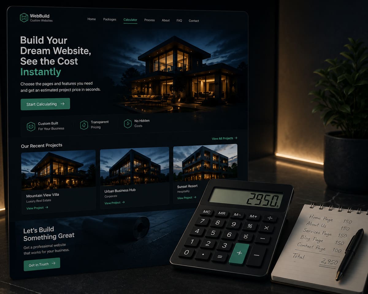 Website Cost Calculator with modern website design mockups and desktop calculator on a dark workspace